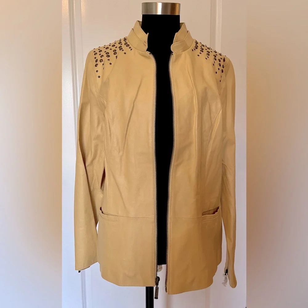 Studded Beige Leather Jacket - Picture 1 of 11